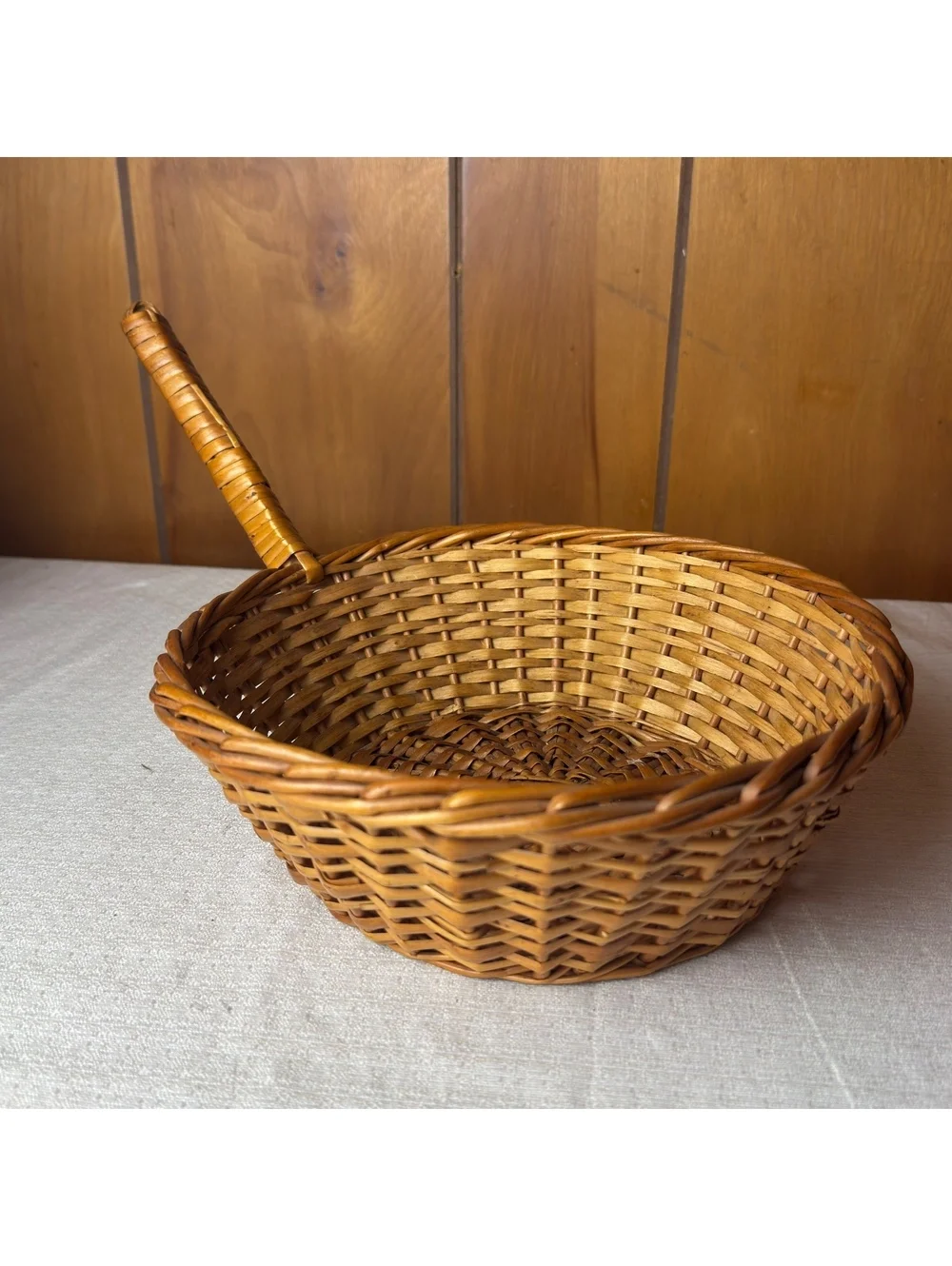 Vintage Wicker Serving Basket With Long Handle Round Handwoven Farmhouse Decor